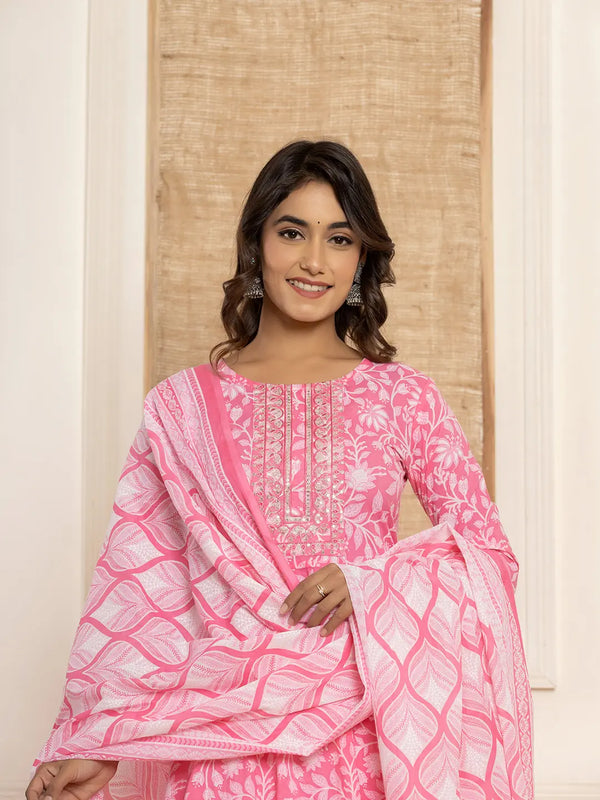 Yufta Pink Floral Print Anarkali Style Kurta And Trousers With Dupatta Set - Distacart