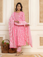 Thumbnail for Yufta Pink Floral Print Anarkali Style Kurta And Trousers With Dupatta Set - Distacart