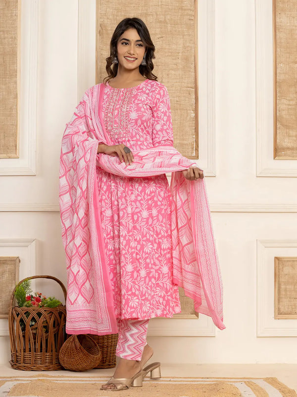 Yufta Pink Floral Print Anarkali Style Kurta And Trousers With Dupatta Set - Distacart