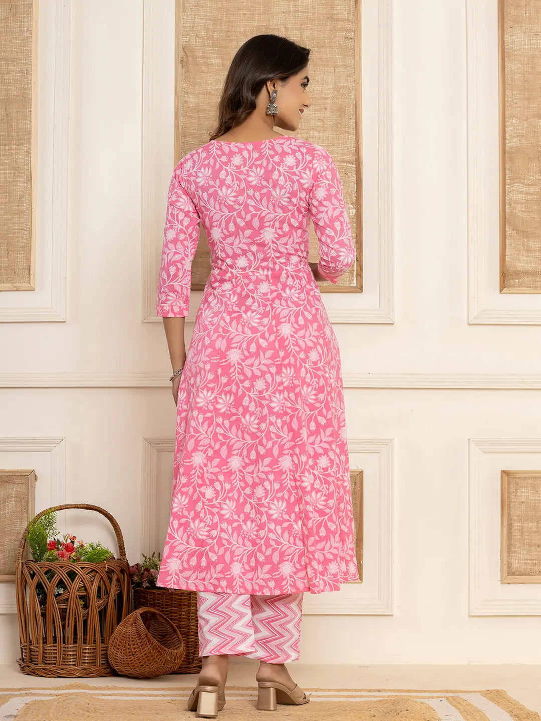 Yufta Pink Floral Print Anarkali Style Kurta And Trousers With Dupatta Set - Distacart