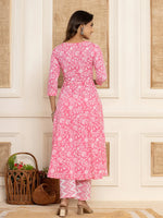 Thumbnail for Yufta Pink Floral Print Anarkali Style Kurta And Trousers With Dupatta Set - Distacart