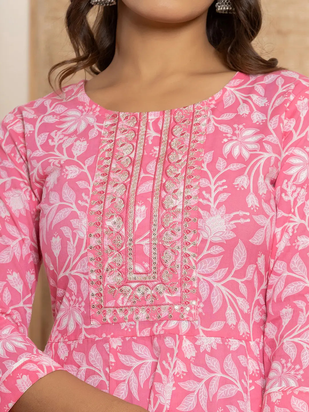 Yufta Pink Floral Print Anarkali Style Kurta And Trousers With Dupatta Set - Distacart