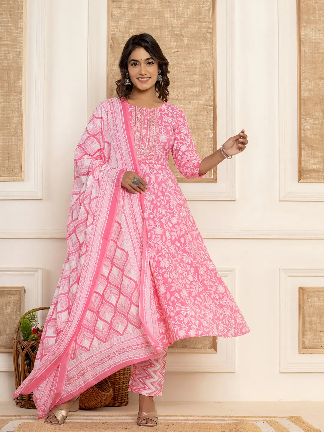 Yufta Pink Floral Print Anarkali Style Kurta And Trousers With Dupatta Set - Distacart