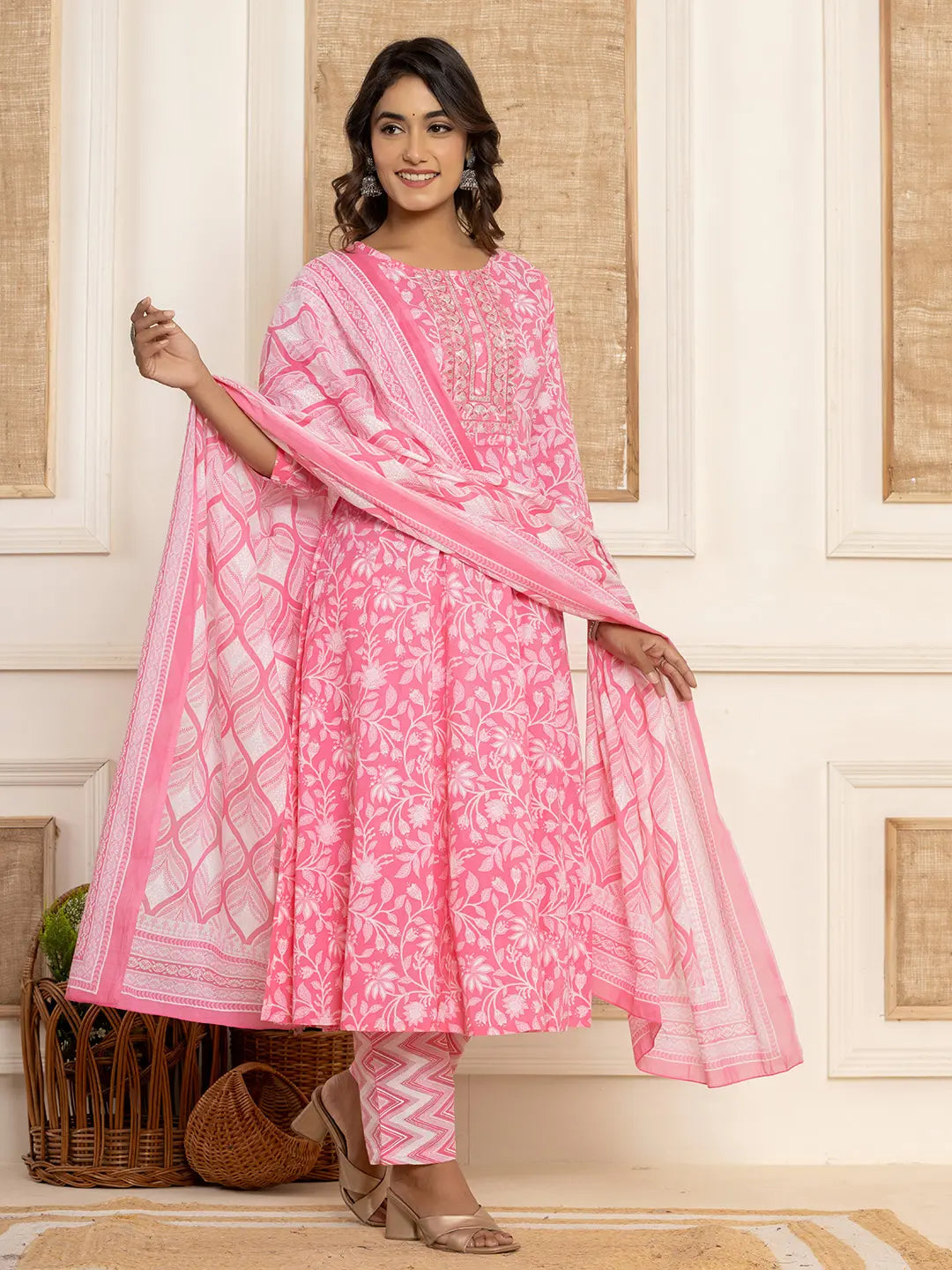Yufta Pink Floral Print Anarkali Style Kurta And Trousers With Dupatta Set - Distacart