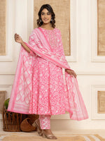 Thumbnail for Yufta Pink Floral Print Anarkali Style Kurta And Trousers With Dupatta Set - Distacart