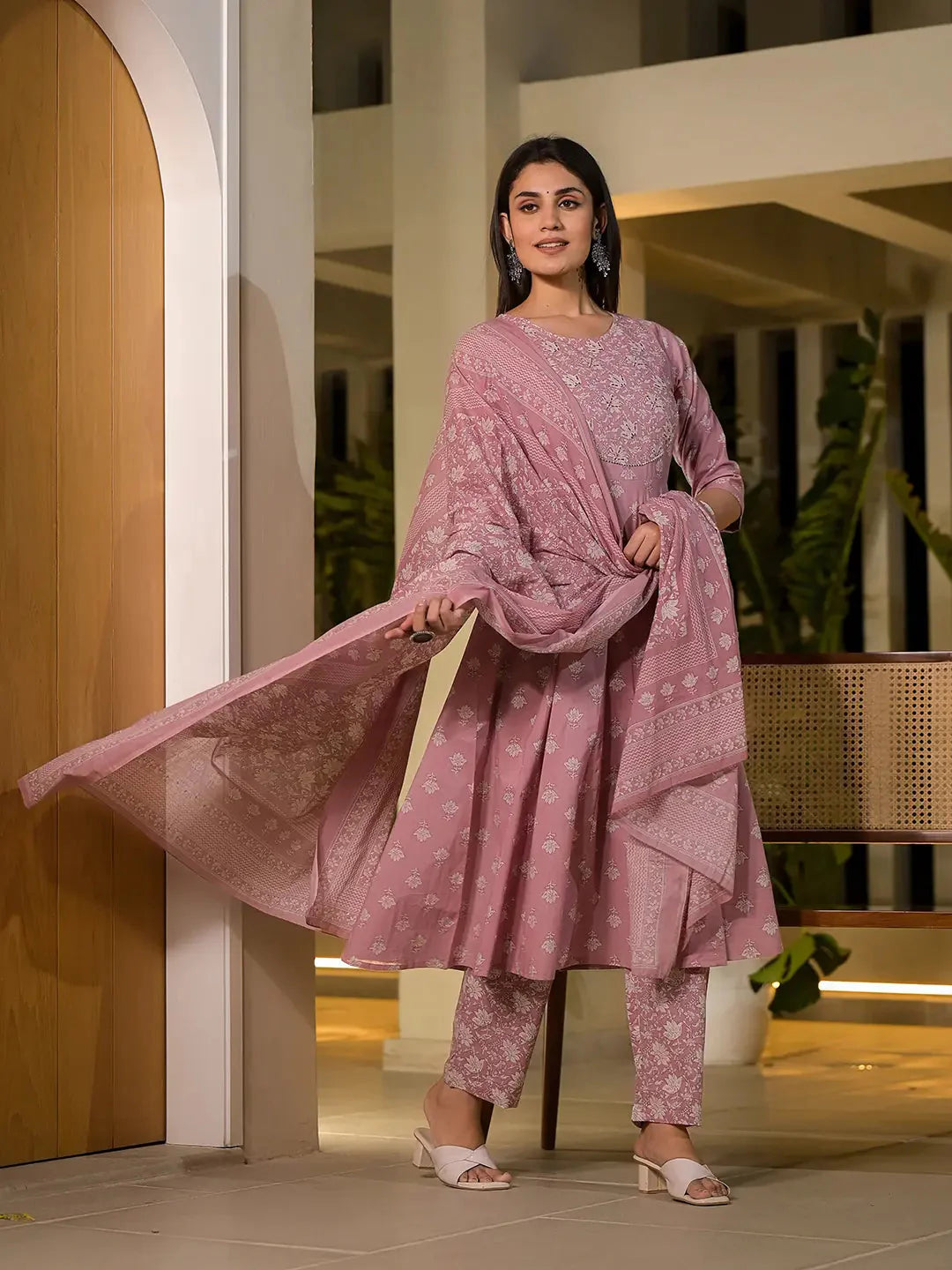 Yufta Pink Floral Print Cotton Anarkali Style Kurta With Trousers With Dupatta Set - Distacart