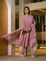 Thumbnail for Yufta Pink Floral Print Cotton Anarkali Style Kurta With Trousers With Dupatta Set - Distacart
