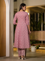 Thumbnail for Yufta Pink Floral Print Cotton Anarkali Style Kurta With Trousers With Dupatta Set - Distacart