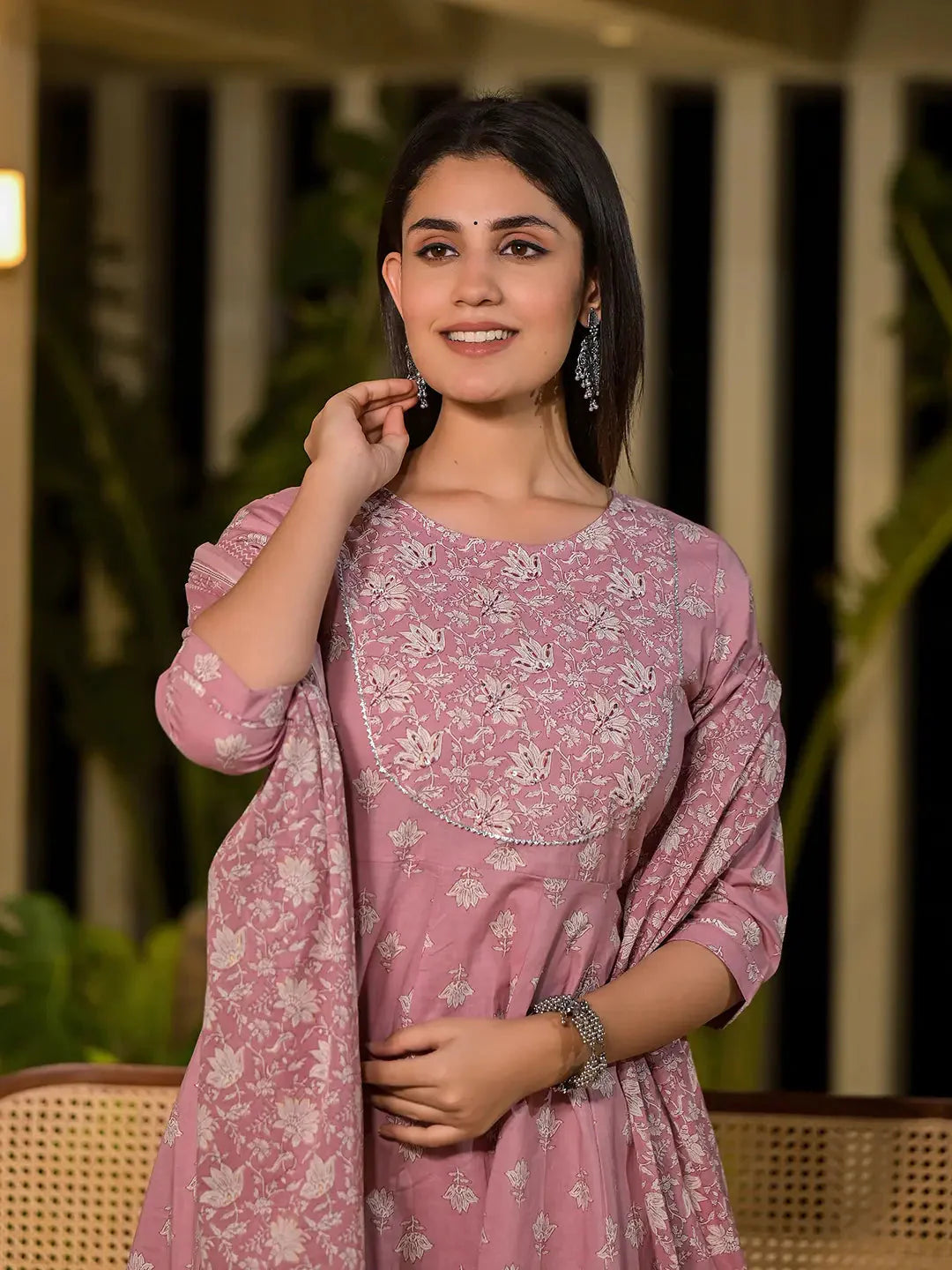Yufta Pink Floral Print Cotton Anarkali Style Kurta With Trousers With Dupatta Set - Distacart