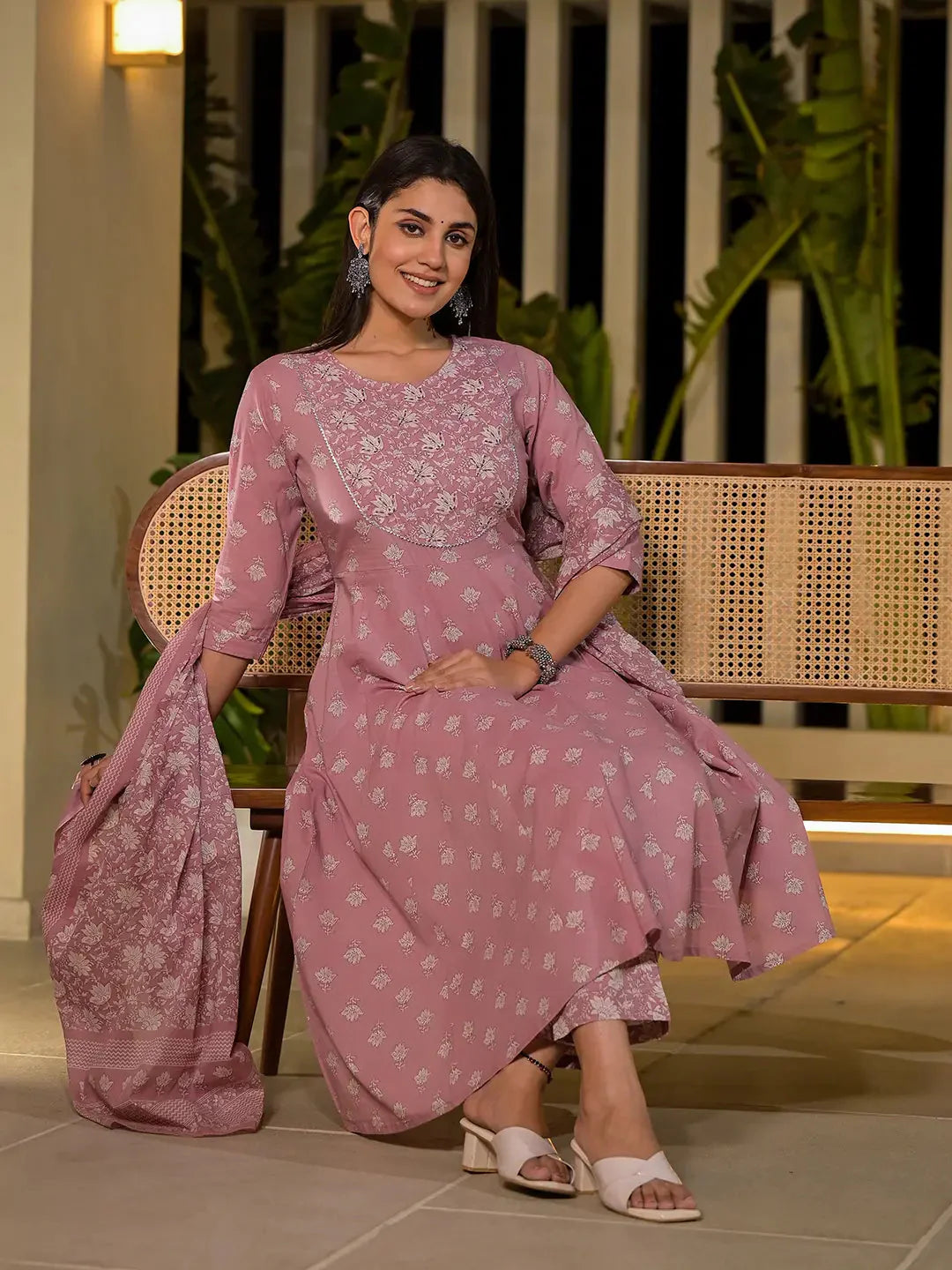 Yufta Pink Floral Print Cotton Anarkali Style Kurta With Trousers With Dupatta Set - Distacart