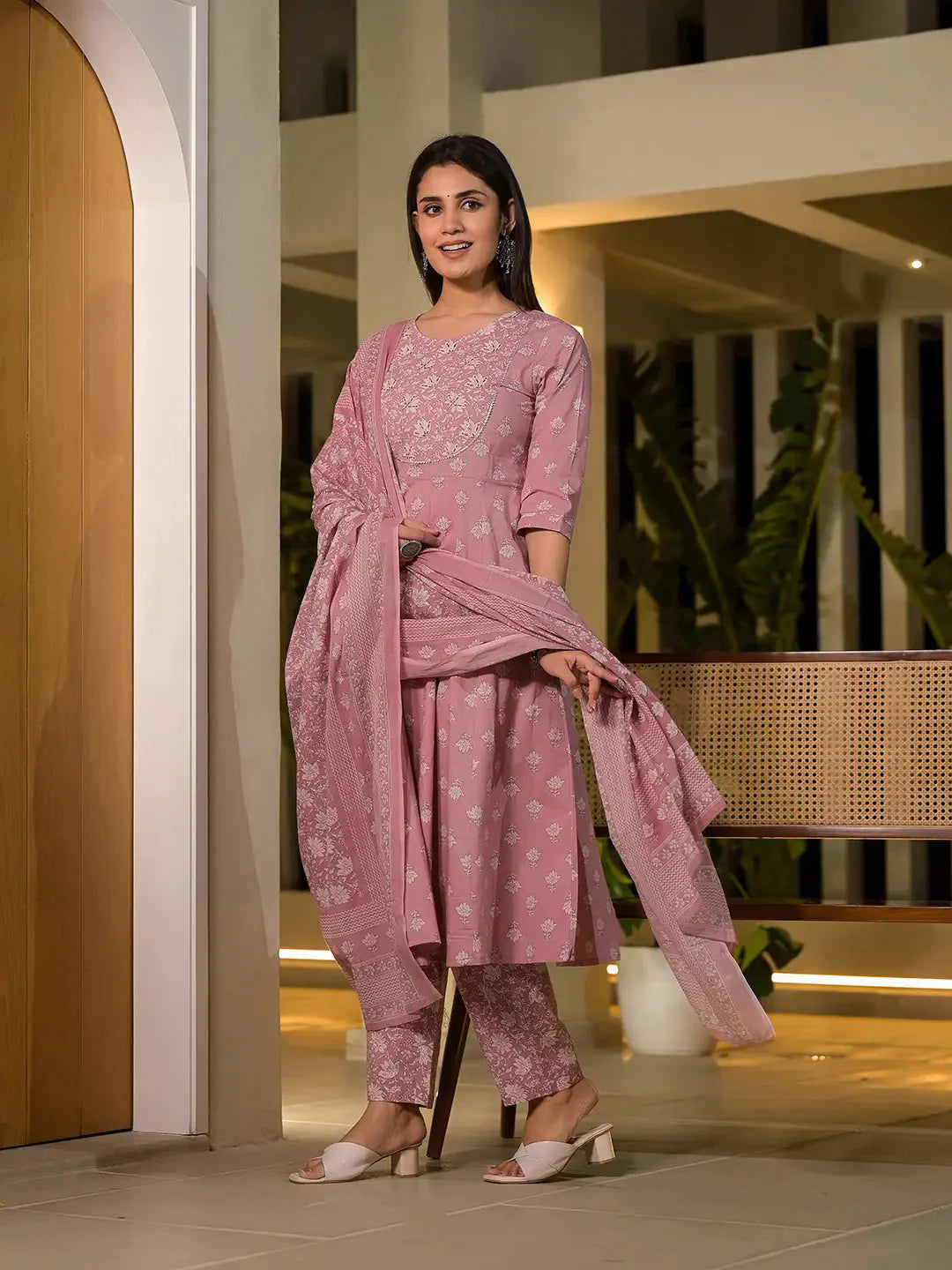 Yufta Pink Floral Print Cotton Anarkali Style Kurta With Trousers With Dupatta Set - Distacart
