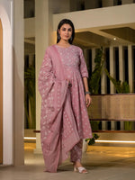 Thumbnail for Yufta Pink Floral Print Cotton Anarkali Style Kurta With Trousers With Dupatta Set - Distacart