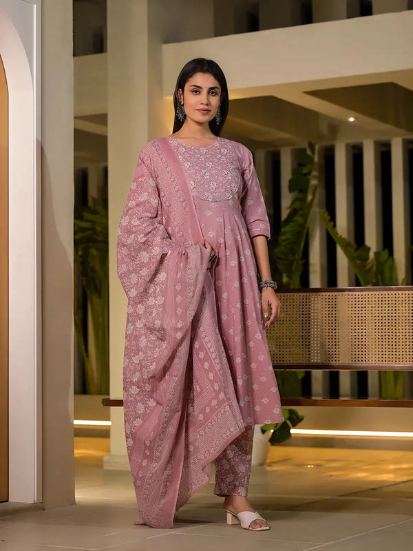 Yufta Pink Floral Print Cotton Anarkali Style Kurta With Trousers With Dupatta Set - Distacart