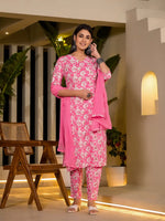 Thumbnail for Yufta Pink Floral Print Cotton Straight Kurta With Trousers And Dupatta Set