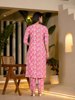 Thumbnail for Yufta Pink Floral Print Cotton Straight Kurta With Trousers And Dupatta Set
