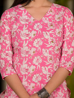 Thumbnail for Yufta Pink Floral Print Cotton Straight Kurta With Trousers And Dupatta Set