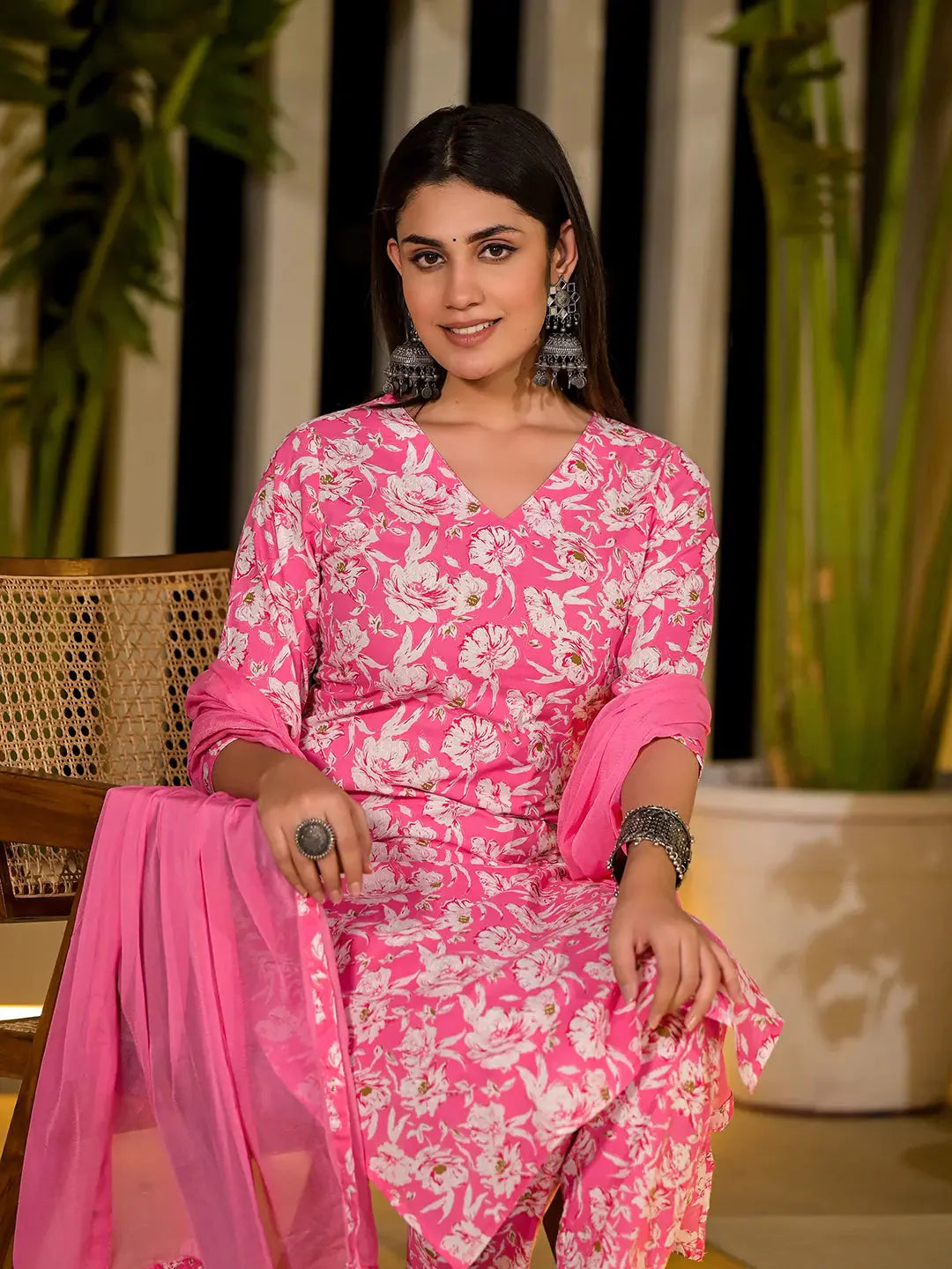 Yufta Pink Floral Print Cotton Straight Kurta With Trousers And Dupatta Set