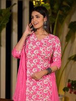 Thumbnail for Yufta Pink Floral Print Cotton Straight Kurta With Trousers And Dupatta Set