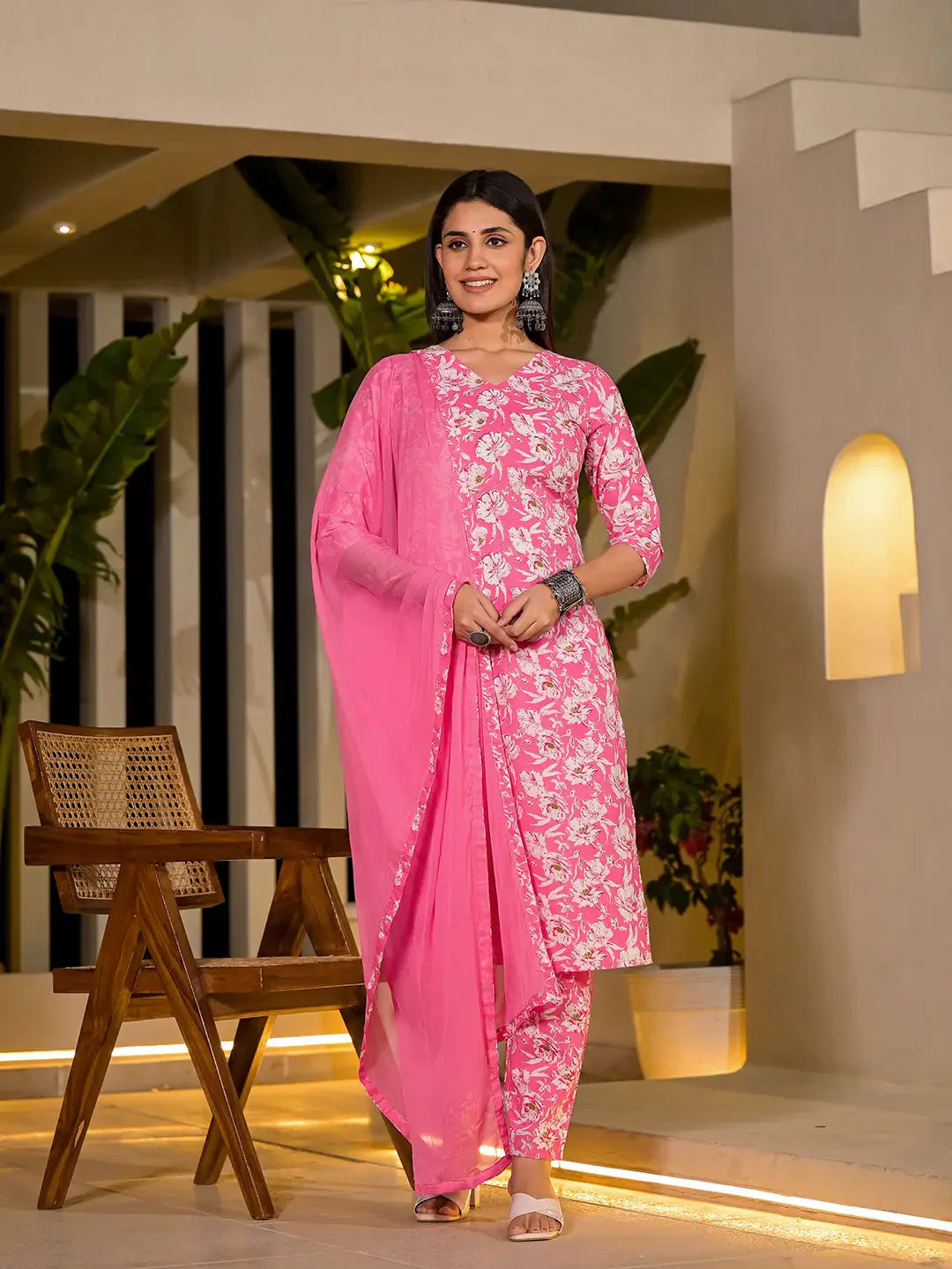 Yufta Pink Floral Print Cotton Straight Kurta With Trousers And Dupatta Set
