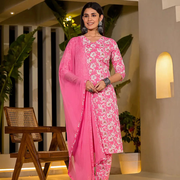 Yufta Pink Floral Print Cotton Straight Kurta With Trousers And Dupatta Set - Distacart