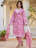 Thumbnail for Yufta Pink Floral Print Pakistani Style Kurta Trouser And Dupatta Set