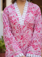 Thumbnail for Yufta Pink Floral Print Pakistani Style Kurta Trouser And Dupatta Set