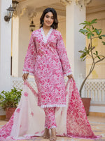 Thumbnail for Yufta Pink Floral Print Pakistani Style Kurta Trouser And Dupatta Set