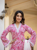 Thumbnail for Yufta Pink Floral Print Pakistani Style Kurta Trouser And Dupatta Set