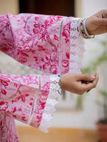 Thumbnail for Yufta Pink Floral Print Pakistani Style Kurta Trouser And Dupatta Set