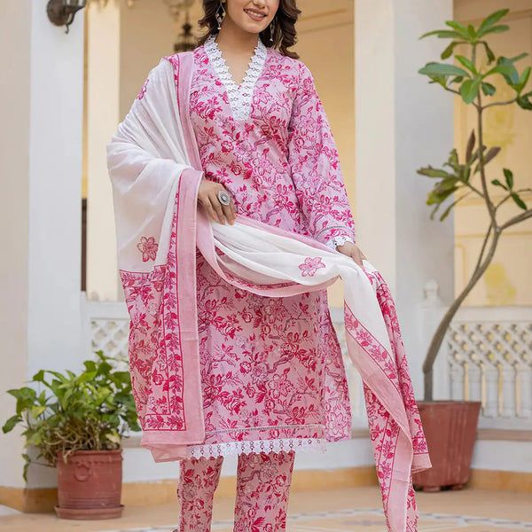 Yufta Pink Floral Print Pakistani Style Kurta Trouser And Dupatta Set - Distacart