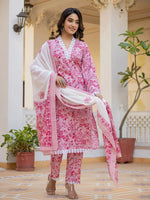 Thumbnail for Yufta Pink Floral Print Pakistani Style Kurta Trouser And Dupatta Set