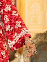 Thumbnail for Yufta Pink Floral Print Straight Pakistani Style Kurta Trouser And Dupatta Set