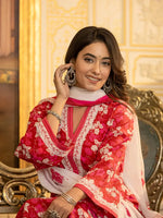Thumbnail for Yufta Pink Floral Print Straight Pakistani Style Kurta Trouser And Dupatta Set