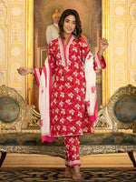 Thumbnail for Yufta Pink Floral Print Straight Pakistani Style Kurta Trouser And Dupatta Set