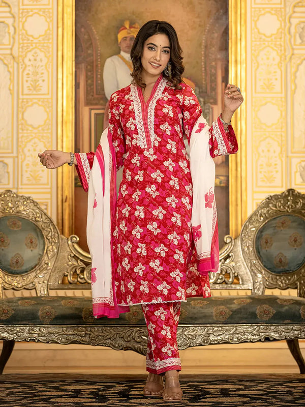 Yufta Pink Floral Print Straight Pakistani Style Kurta Trouser And Dupatta Set