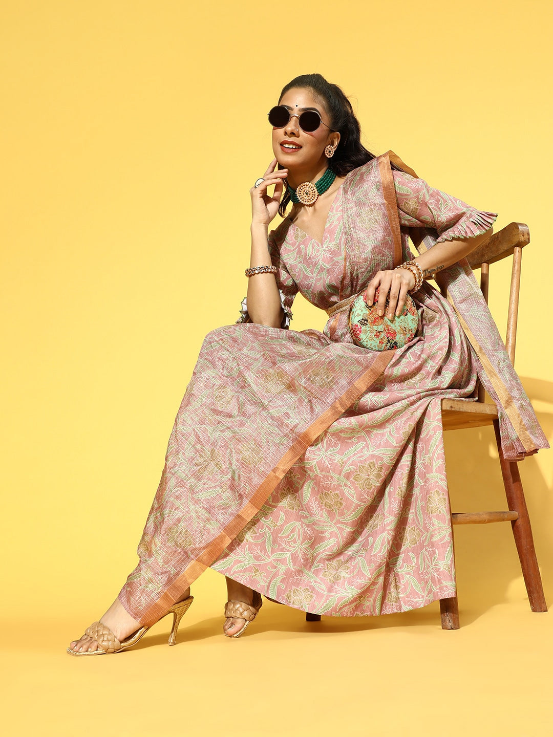 Yufta Pink & Green Floral Print Dress with Dupatta - Distacart