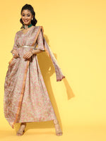 Thumbnail for Yufta Pink & Green Floral Print Dress with Dupatta