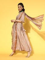 Thumbnail for Yufta Pink & Green Floral Print Dress with Dupatta