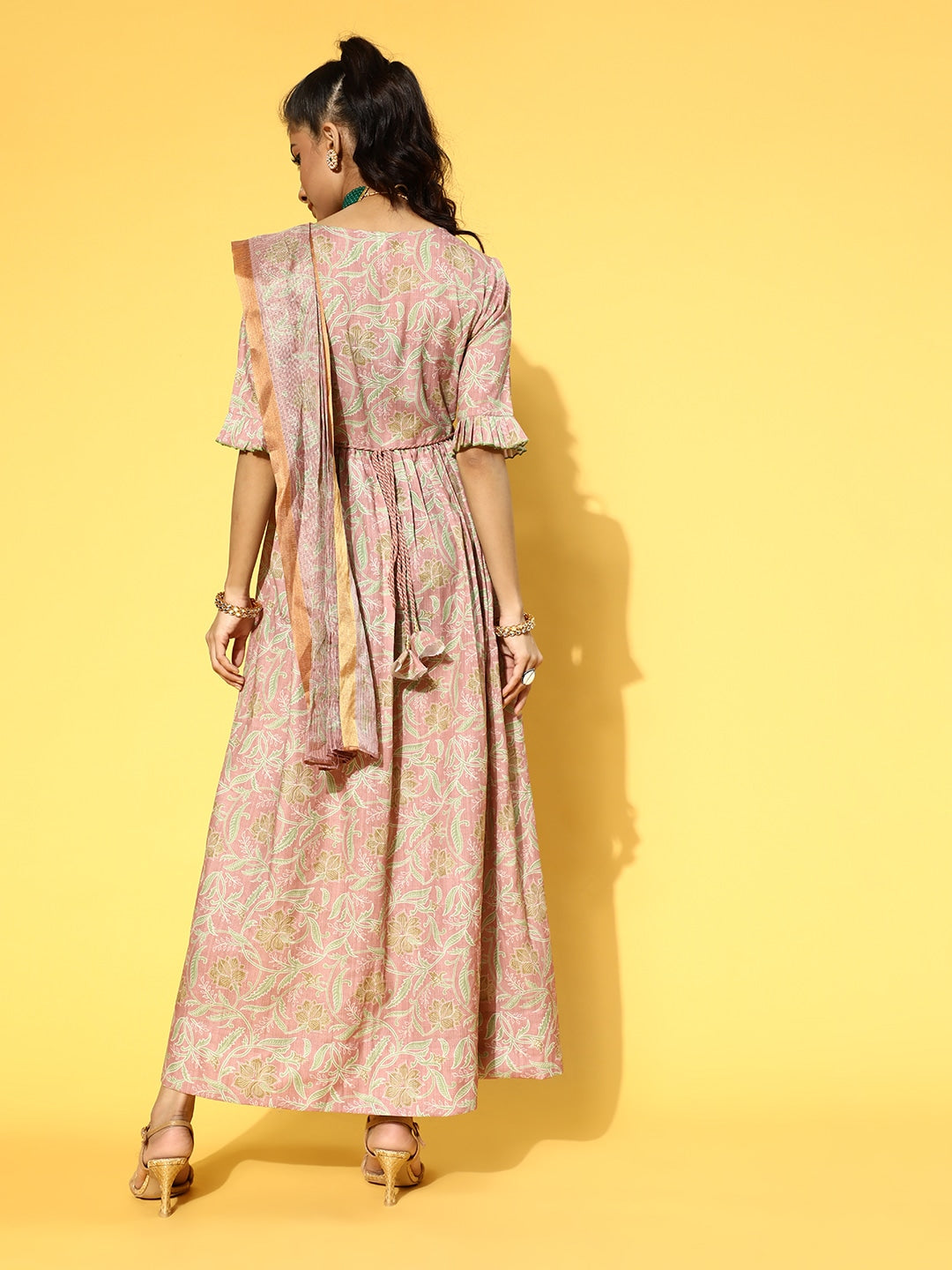 Yufta Pink & Green Floral Print Dress with Dupatta