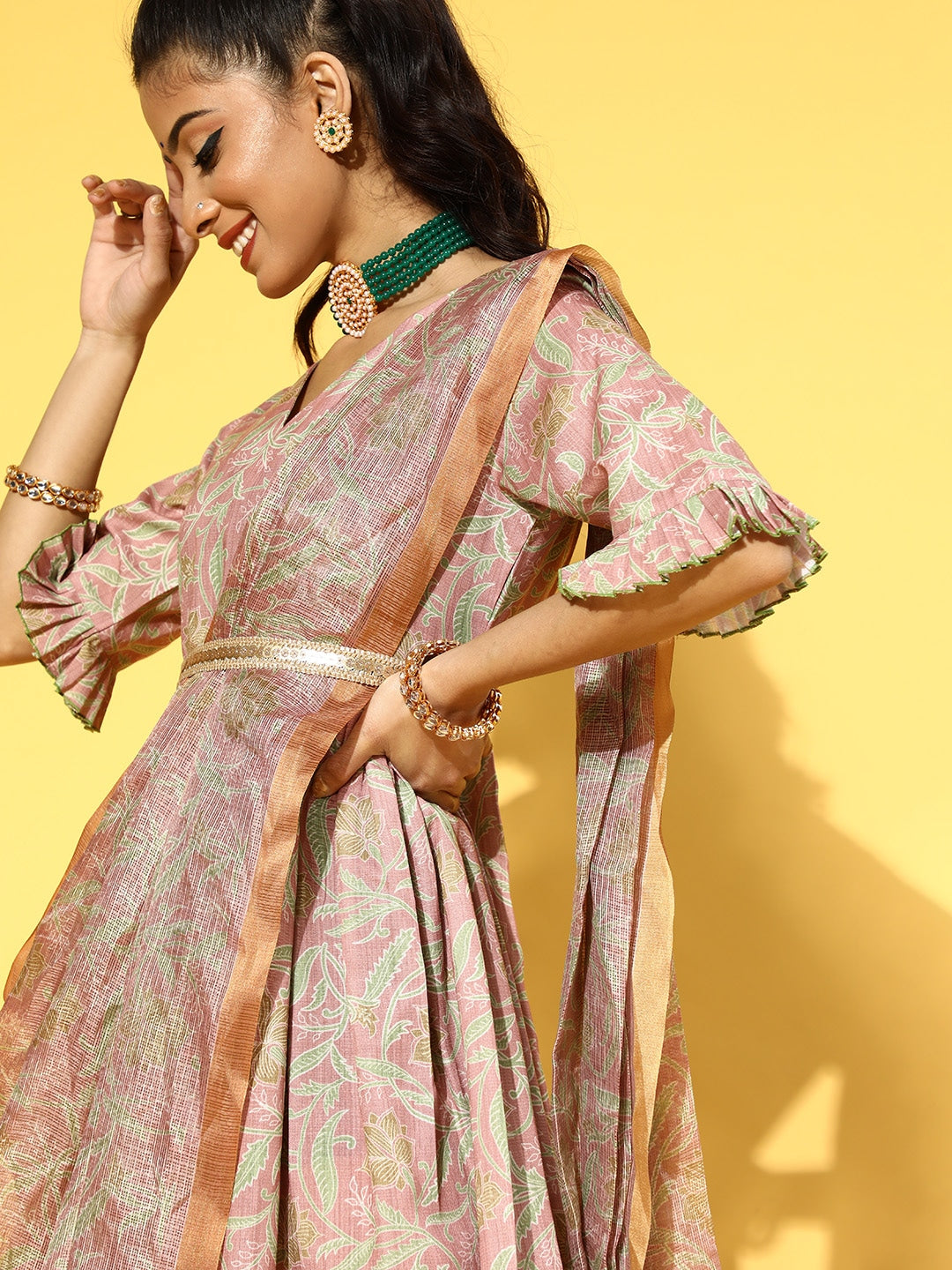 Yufta Pink & Green Floral Print Dress with Dupatta - Distacart