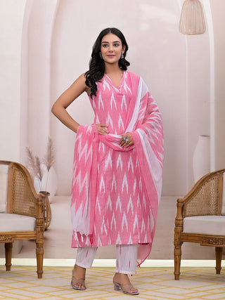 Yufta Pink Ikat Print Pure Cotton A-Line Suit Set - Distacart