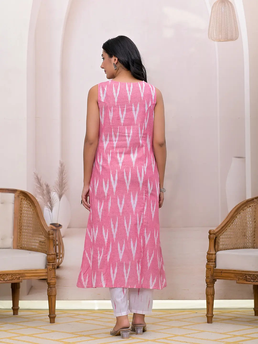 Yufta Pink Ikat Print Pure Cotton A-Line Suit Set - Distacart