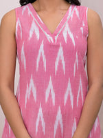 Thumbnail for Yufta Pink Ikat Print Pure Cotton A-Line Suit Set - Distacart