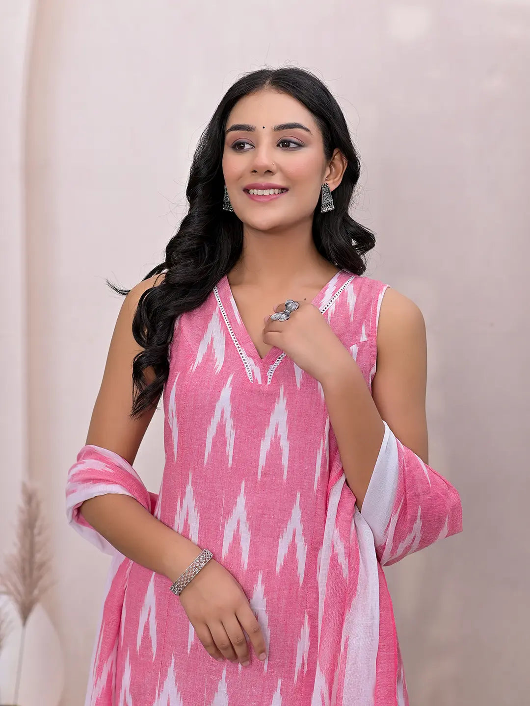 Yufta Pink Ikat Print Pure Cotton A-Line Suit Set - Distacart