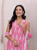 Thumbnail for Yufta Pink Ikat Print Pure Cotton A-Line Suit Set - Distacart