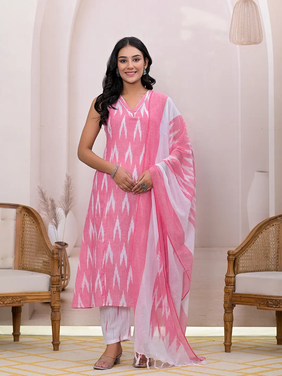 Yufta Pink Ikat Print Pure Cotton A-Line Suit Set - Distacart