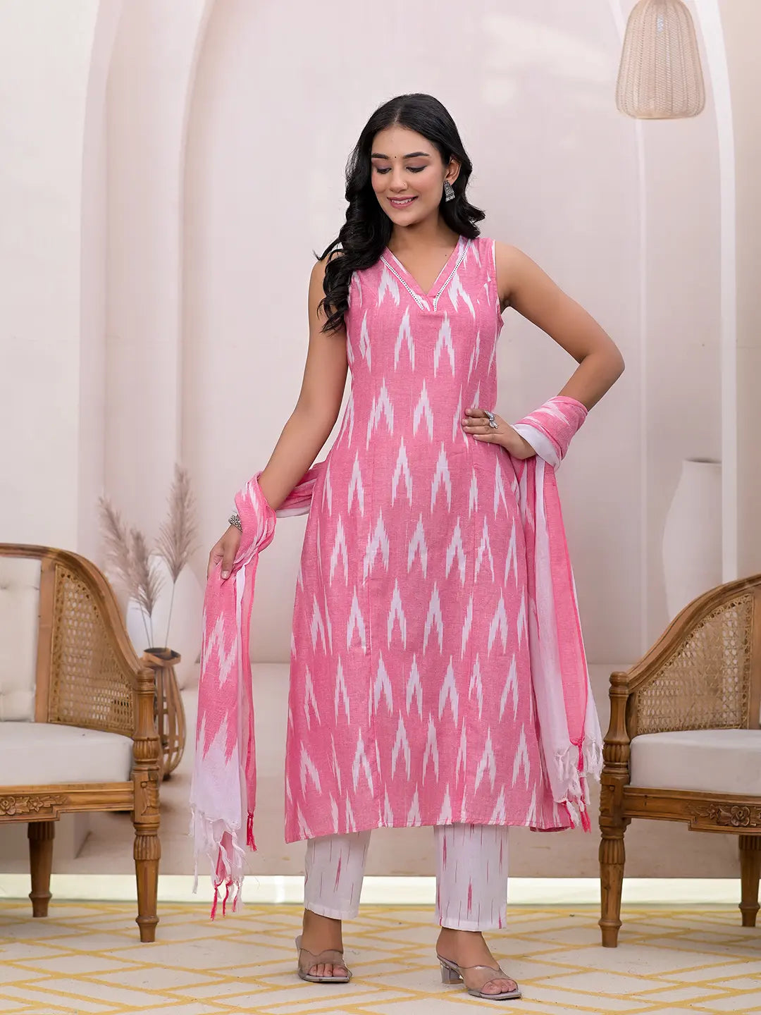 Yufta Pink Ikat Print Pure Cotton A-Line Suit Set - Distacart