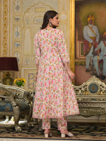 Thumbnail for Yufta Pink Leaf Print Zari Work Anarkali Kurta Trouser With Dupatta Set - Distacart