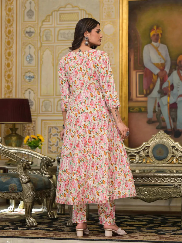 Yufta Pink Leaf Print Zari Work Anarkali Kurta Trouser With Dupatta Set - Distacart