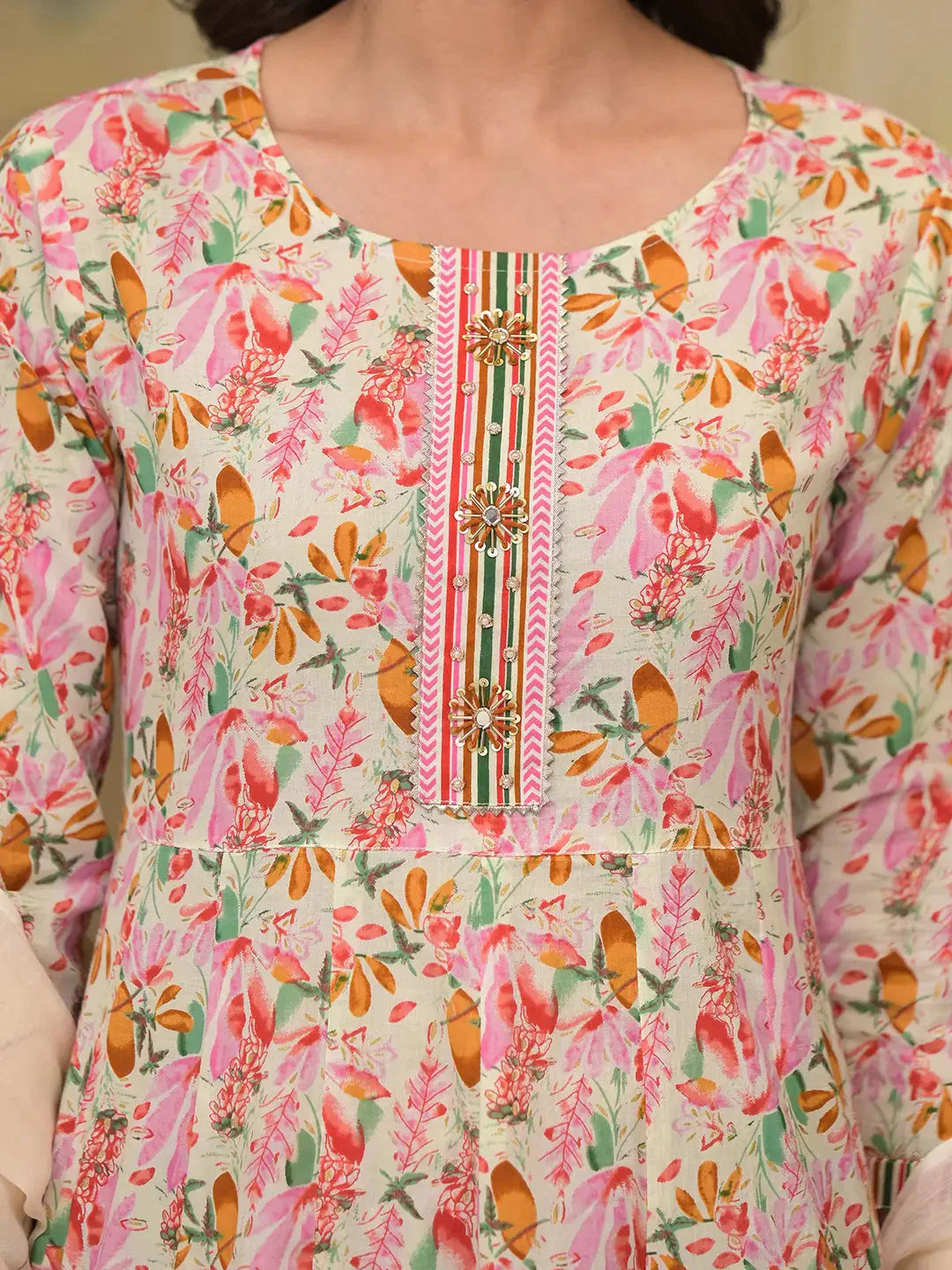 Yufta Pink Leaf Print Zari Work Anarkali Kurta Trouser With Dupatta Set - Distacart